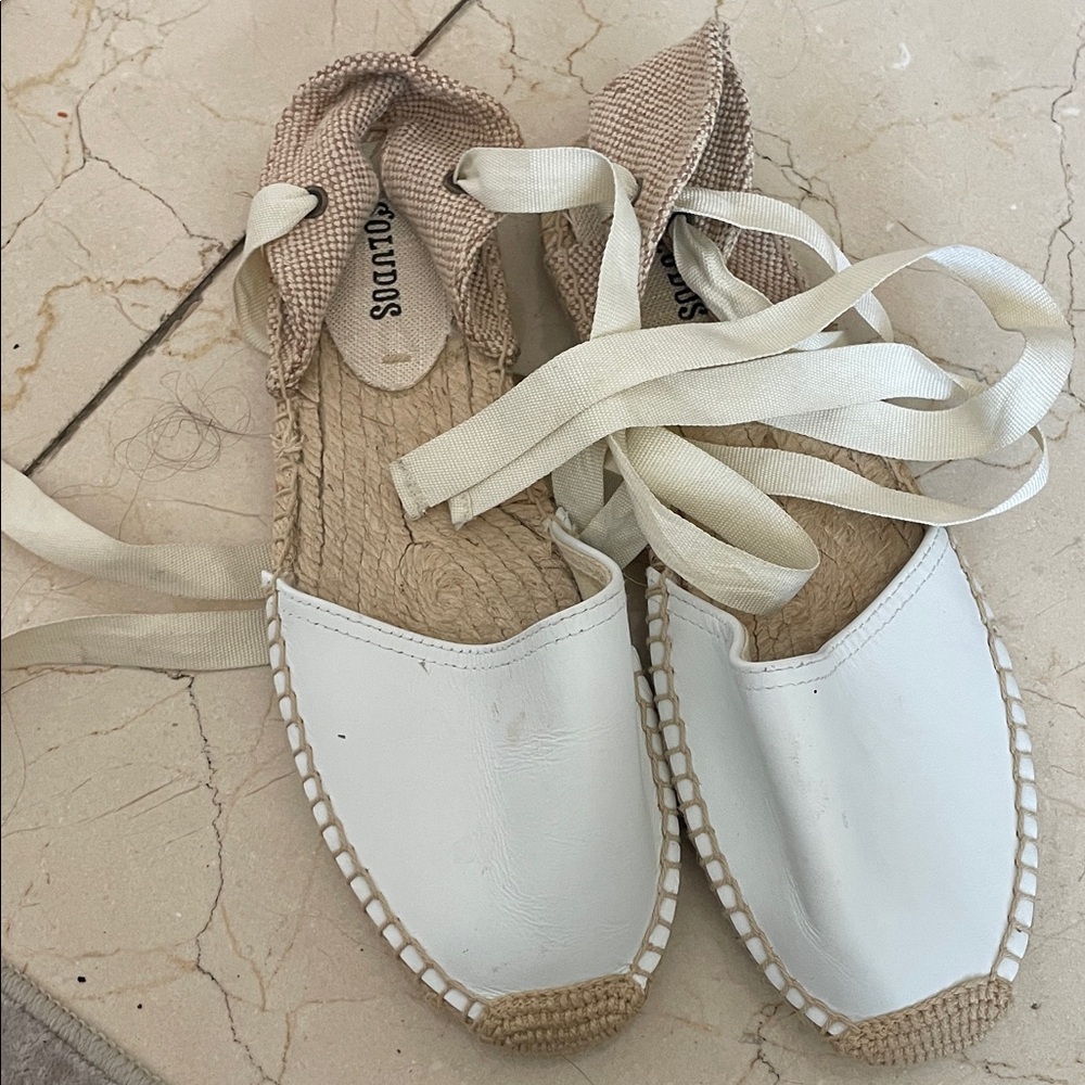 Soludos White Leather Lace-Up Espadrille Flats